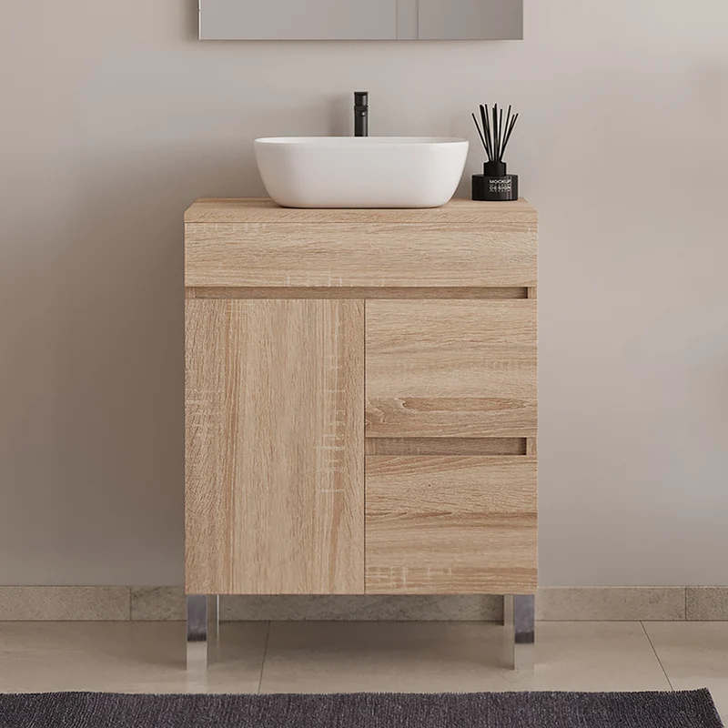Meuble de salle de bain 60cm sur pieds avec plateau et une cuve à poser arrondie - porte et tiroirs - HARO