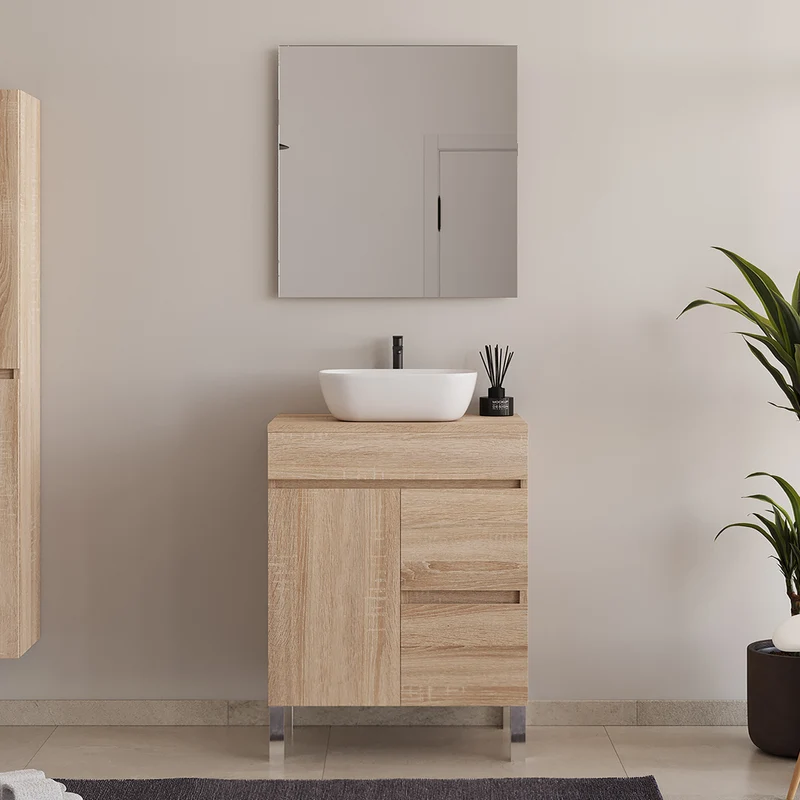 Meuble de salle de bain 60cm sur pieds avec plateau et une cuve à poser arrondie - porte et tiroirs - HARO
