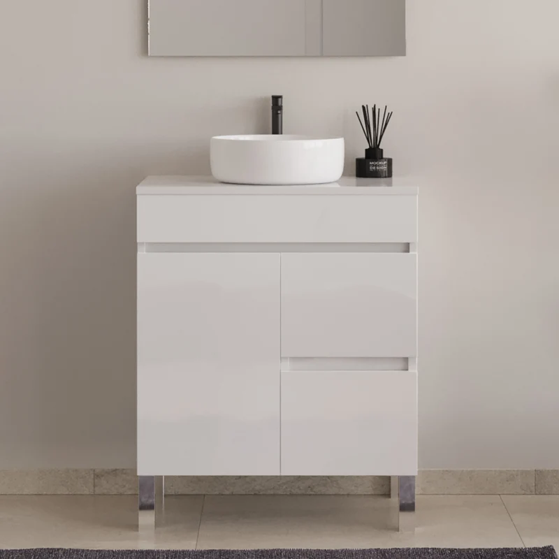 Meuble de salle de bain 60cm sur pieds avec plateau et une cuve à poser ronde - porte et tiroirs - HARO