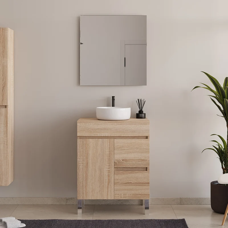 Meuble de salle de bain 60cm sur pieds avec plateau et une cuve à poser ronde - porte et tiroirs - HARO