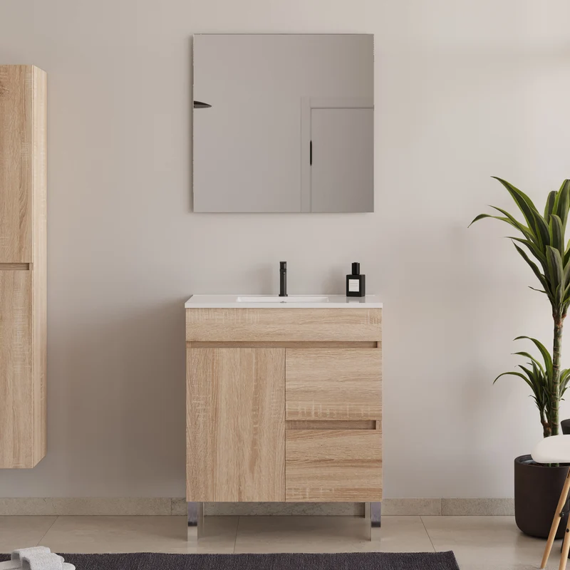 Meuble de salle de bain 60cm sur pieds avec simple vasque avec porte et tiroirs - HARO