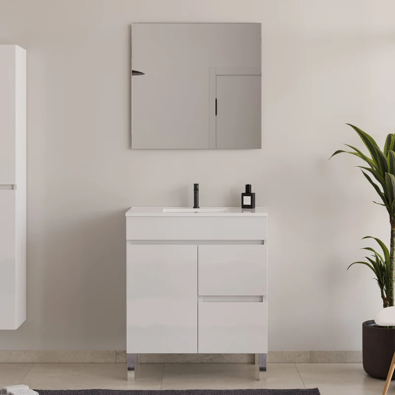 Meuble de salle de bain 60cm sur pieds avec simple vasque avec porte et tiroirs - HARO