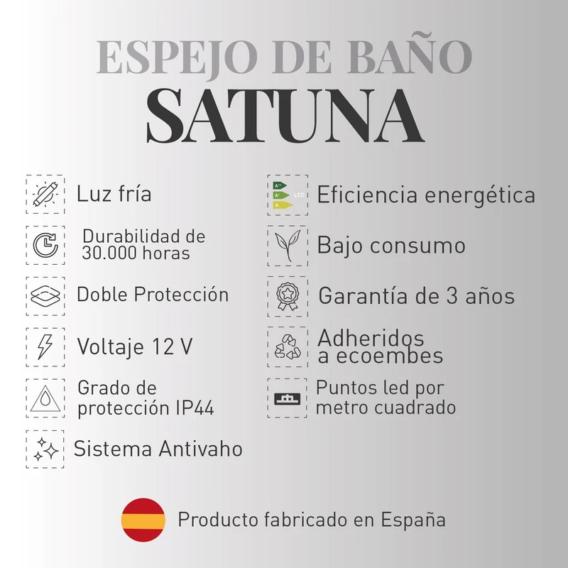 Espejo de baño SATUNA. Luz fría LED integrada en el espejo