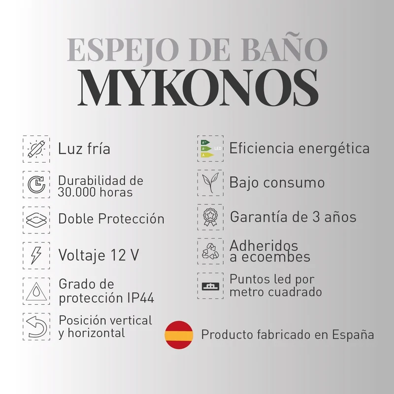 Espejo de baño MYKONOS. Luz fría LED integrada en el espejo