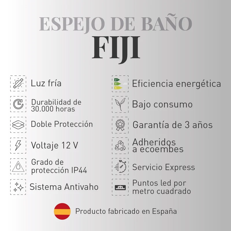 Espejo de baño FIJI. Luz fría LED integrada en el espejo