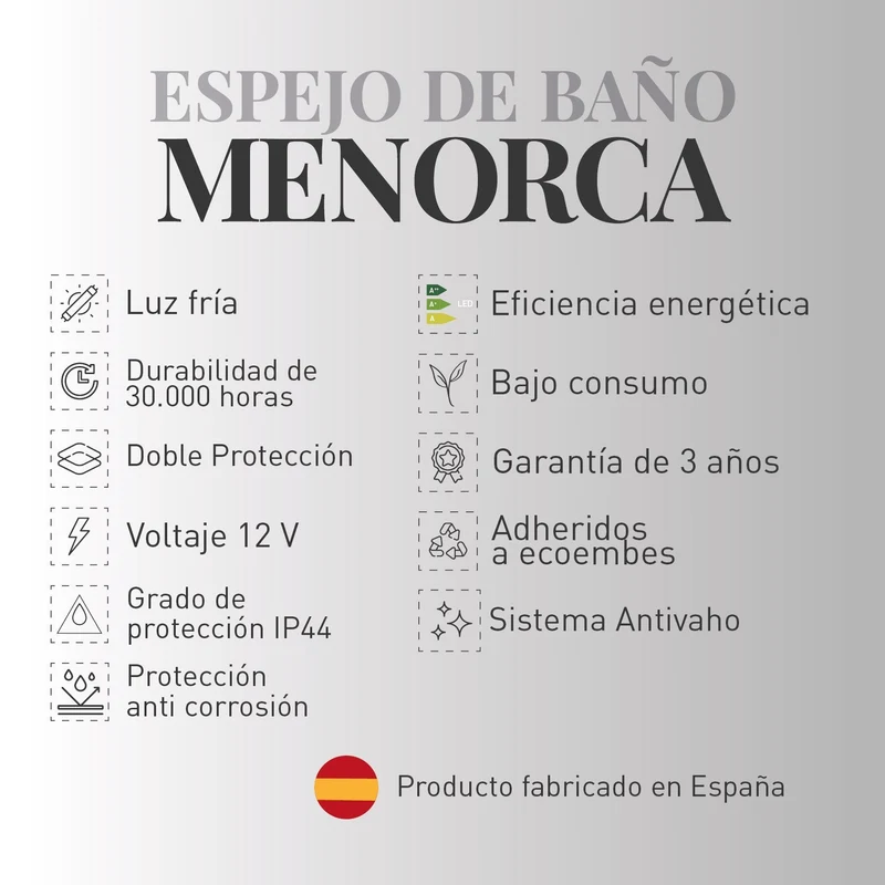 Espejo de baño MENORCA. Luz fría LED integrada en el espejo