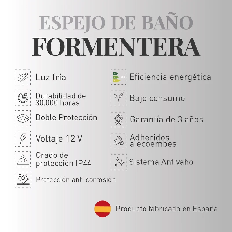 Espejo de baño FORMENTERA. Luz fría LED integrada en el espejo