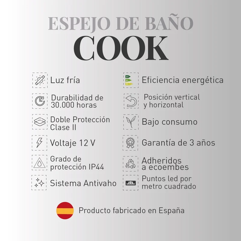 Espejo de baño COOK. Luz fría LED integrada en el espejo