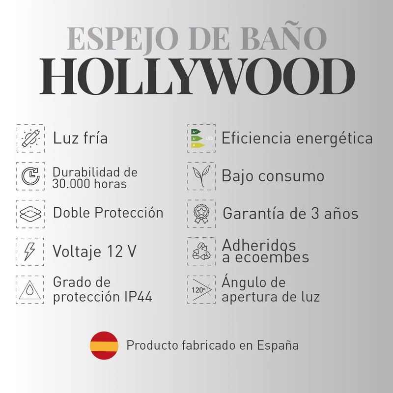 Espejo de baño HOLLYWOOD con apliques LED luz fría