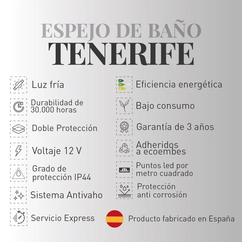 Espejo de baño TENERIFE. Luz fría LED integrada en el espejo