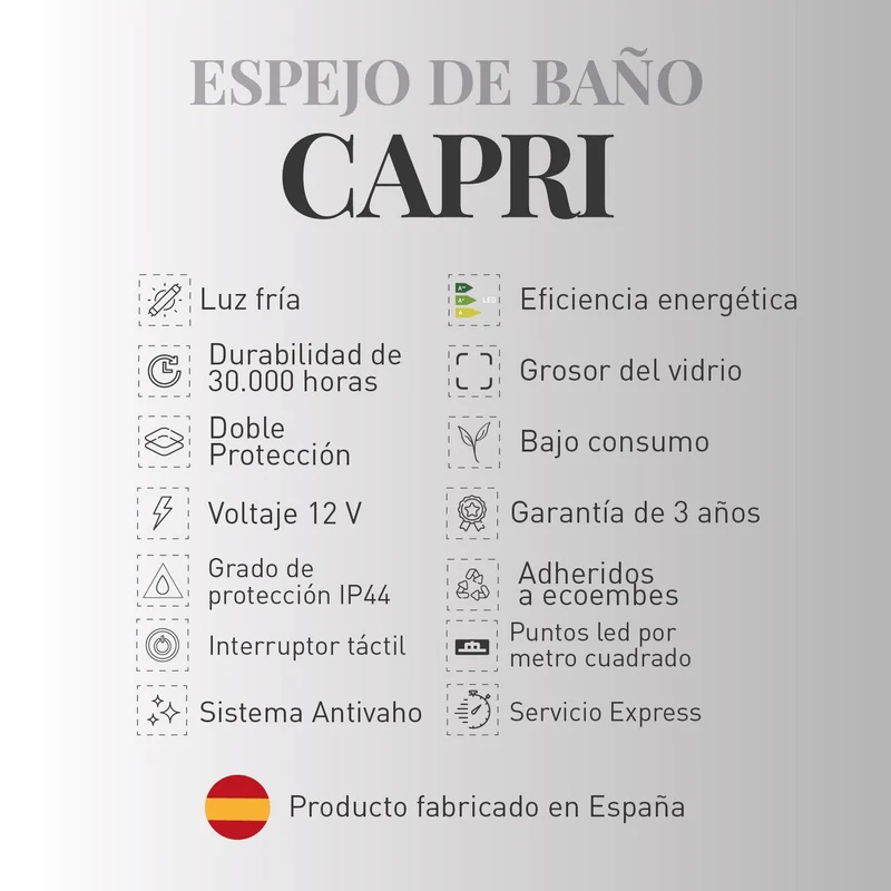 Espejo de baño CAPRI. Luz fría LED integrada en el espejo