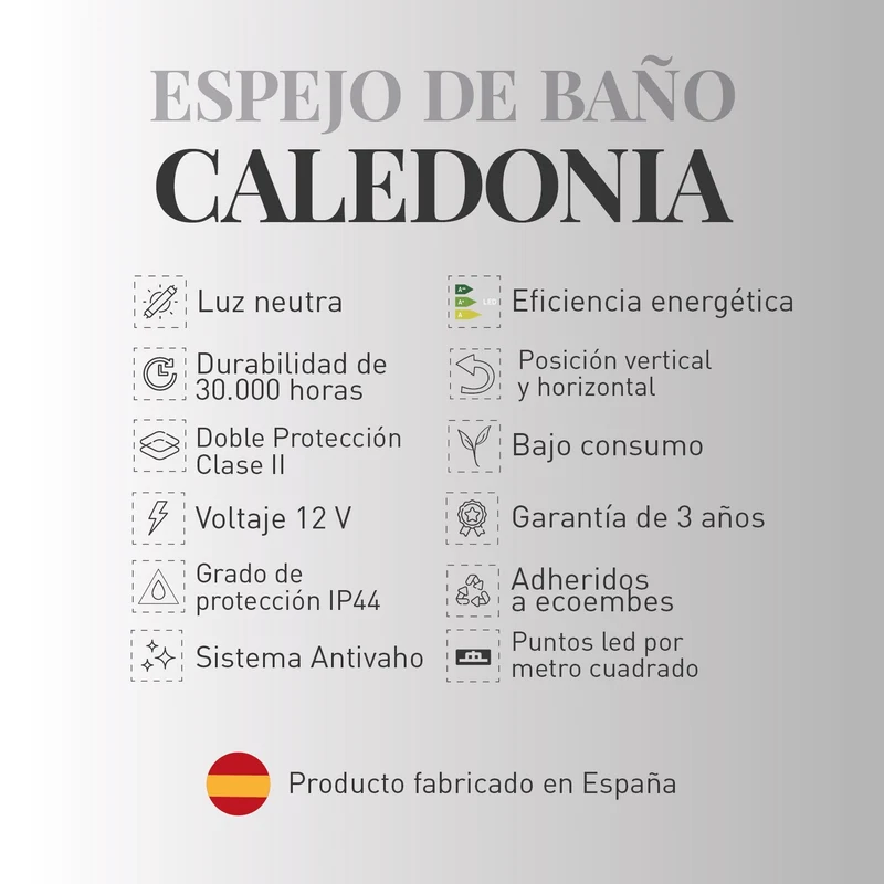 Espejo de baño CALEDONIA. Luz neutra LED integrada en el espejo