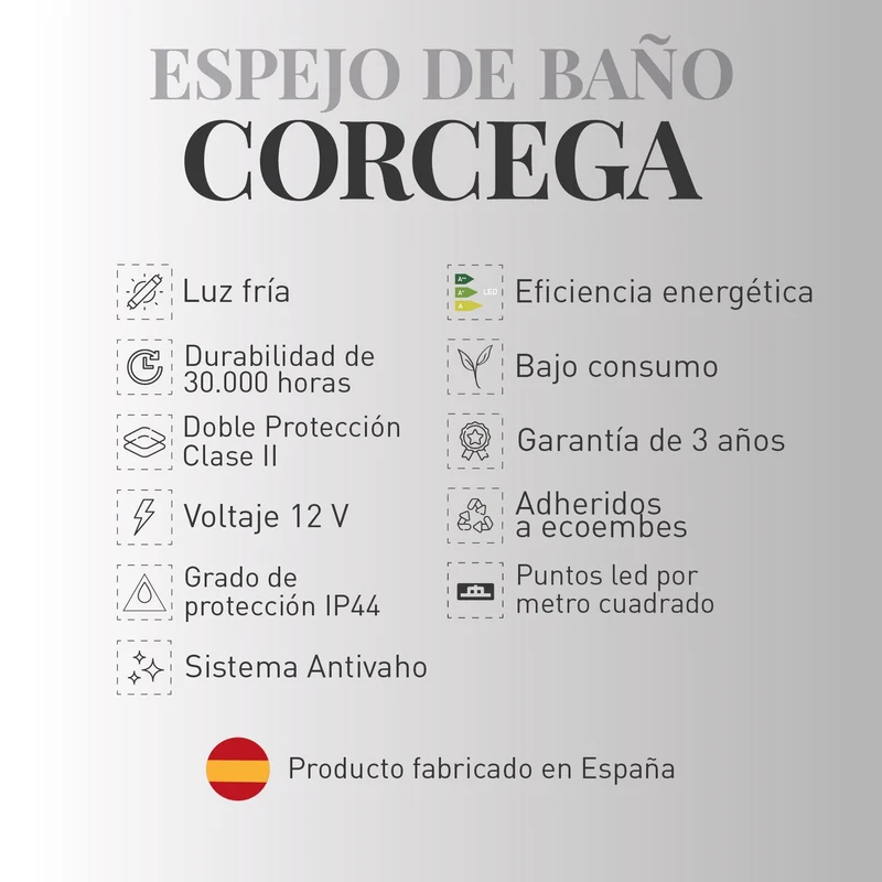 Espejo de baño CORCEGA. Luz fría LED integrada en el espejo