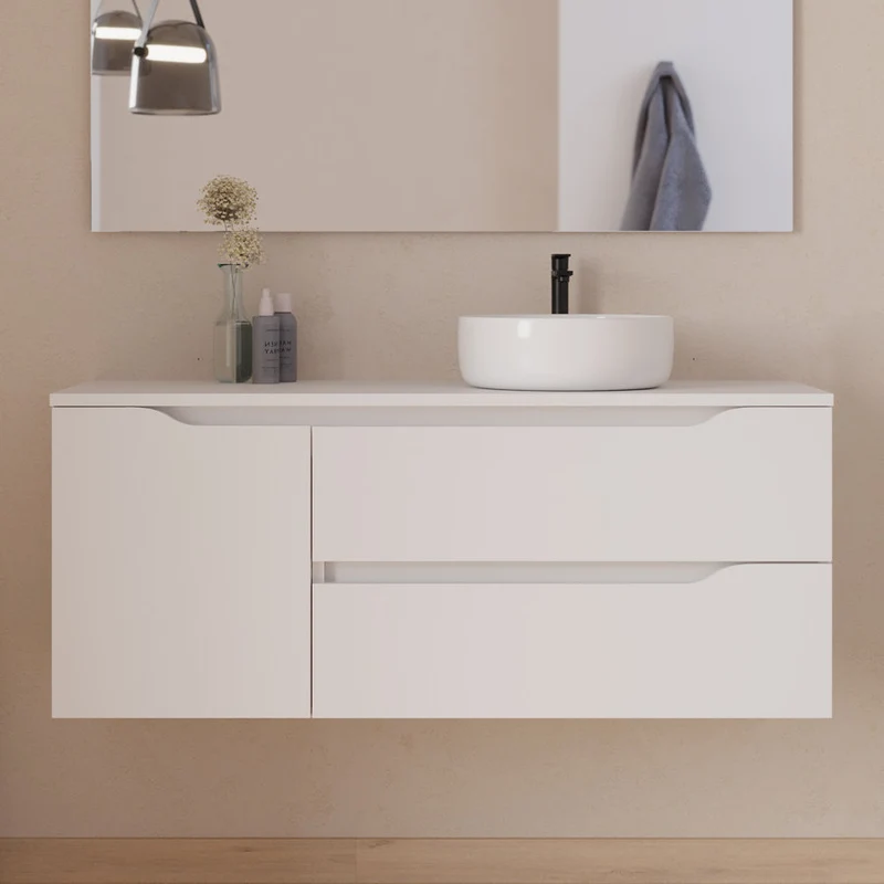 Meuble de salle de bain 120cm avec plateau et vasque à poser déportée à droite Ares - sans miroir - 2 tiroirs et un placard - ZARZA