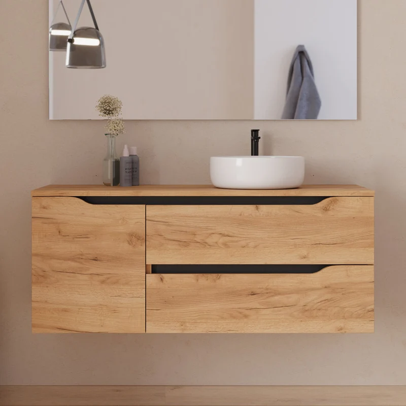 Meuble de salle de bain 120cm avec plateau et vasque à poser déportée à droite Ares - sans miroir - 2 tiroirs et un placard - ZARZA