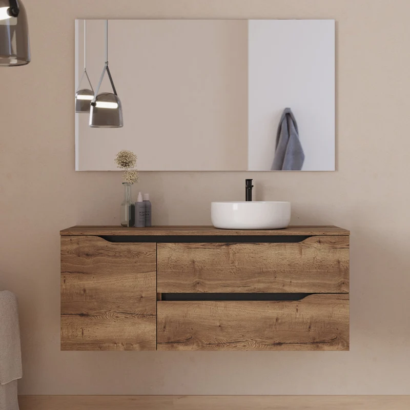 Meuble de salle de bain 120cm avec plateau et vasque à poser déportée à droite Ares - sans miroir - 2 tiroirs et un placard - ZARZA