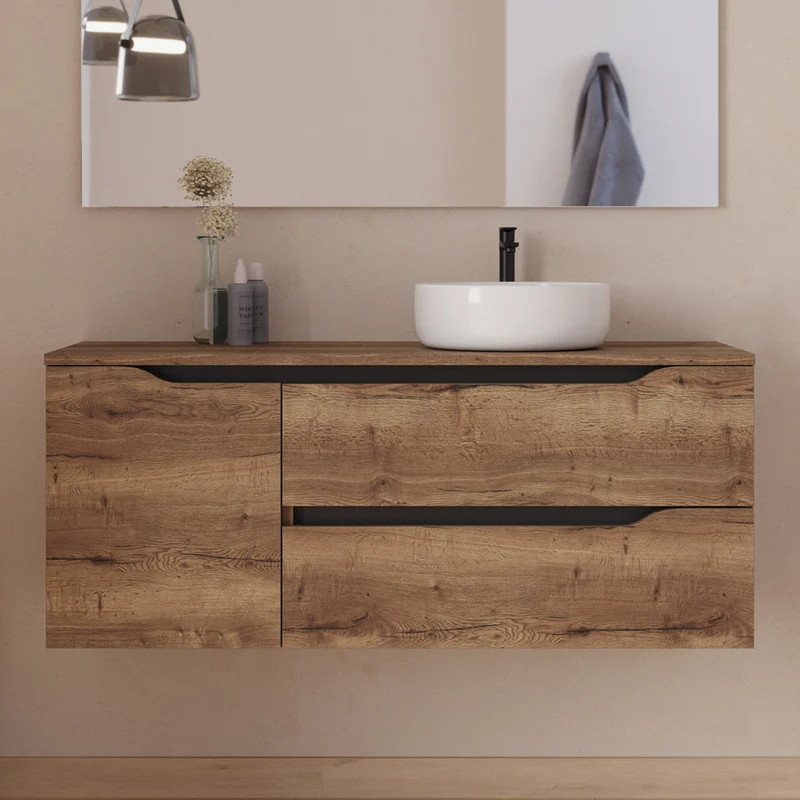 Meuble de salle de bain 120cm avec plateau et vasque à poser déportée à droite Ares - sans miroir - 2 tiroirs et un placard - ZARZA