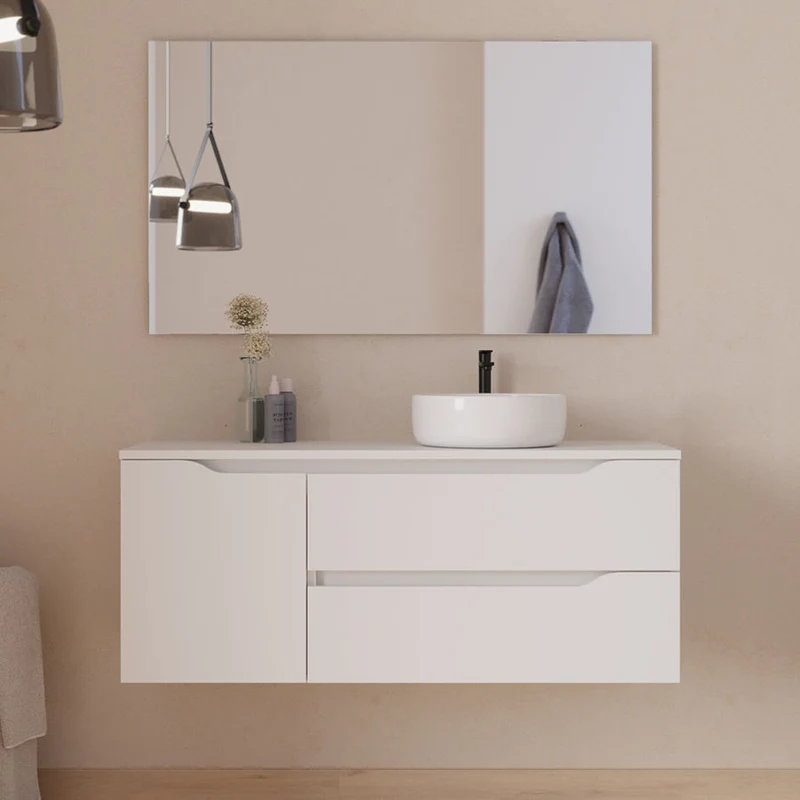 Meuble de salle de bain 120cm avec plateau et vasque à poser déportée à droite Ares - sans miroir - 2 tiroirs et un placard - ZARZA