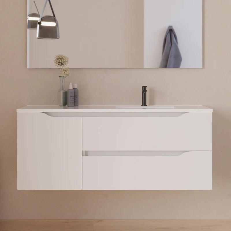 Meuble de salle de bain 120cm avec vasque déportée à droite - sans miroir - 2 tiroirs et un placard - ZARZA