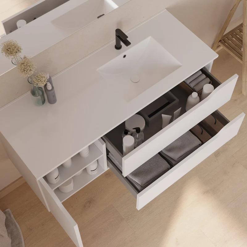 Meuble de salle de bain 120cm avec vasque déportée à droite - sans miroir - 2 tiroirs et un placard - ZARZA