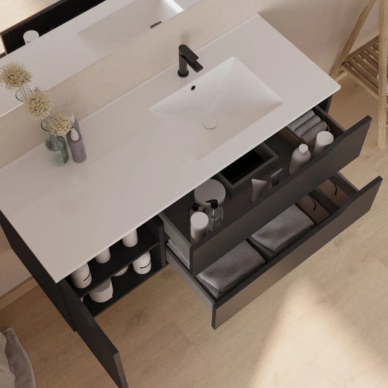 Meuble de salle de bain 120cm avec vasque déportée à droite - sans miroir - 2 tiroirs et un placard - ZARZA