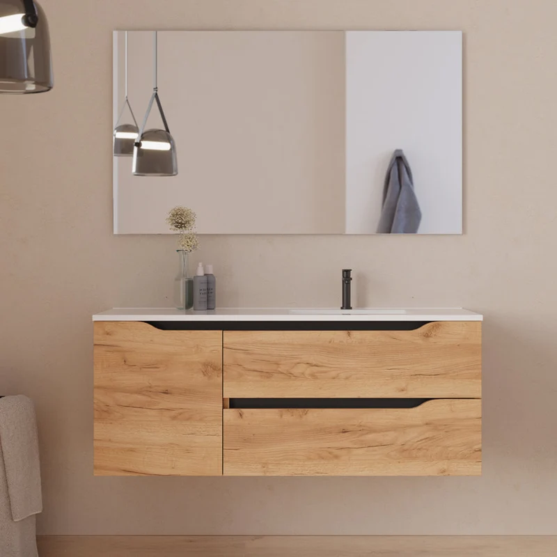Meuble de salle de bain 120cm avec vasque déportée à droite - sans miroir - 2 tiroirs et un placard - ZARZA