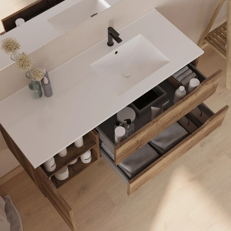 Meuble de salle de bain 120cm avec vasque déportée à droite - sans miroir - 2 tiroirs et un placard - ZARZA