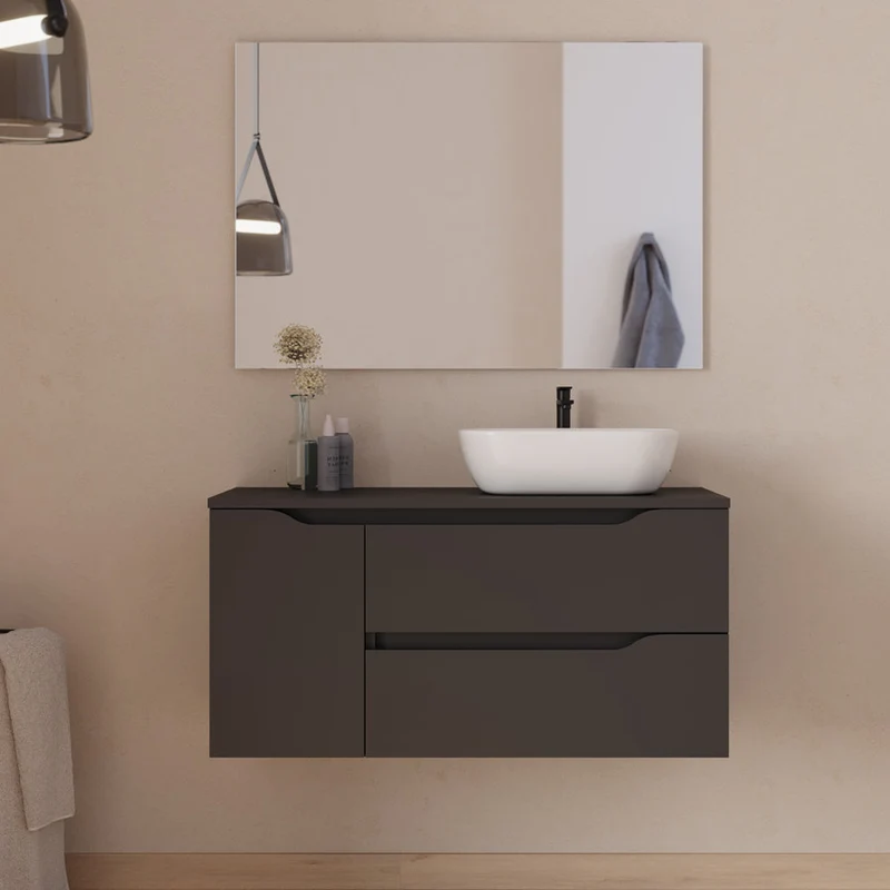 Meuble de salle de bain 100cm avec plateau, vasque à poser déportée à droite Zeus et miroir - 2 tiroirs et un placard - ZARZA