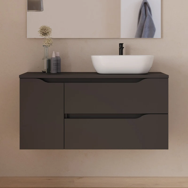 Meuble de salle de bain 100cm avec plateau, vasque à poser déportée à droite Zeus et miroir - 2 tiroirs et un placard - ZARZA