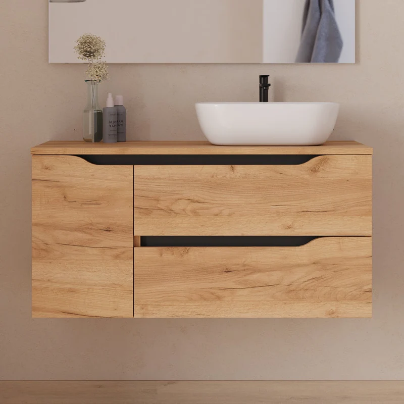 Meuble de salle de bain 100cm avec plateau, vasque à poser déportée à droite Zeus et miroir - 2 tiroirs et un placard - ZARZA