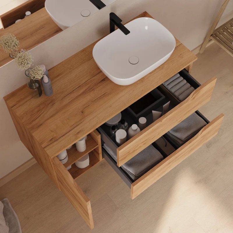 Meuble de salle de bain 100cm avec plateau, vasque à poser déportée à droite Zeus et miroir - 2 tiroirs et un placard - ZARZA