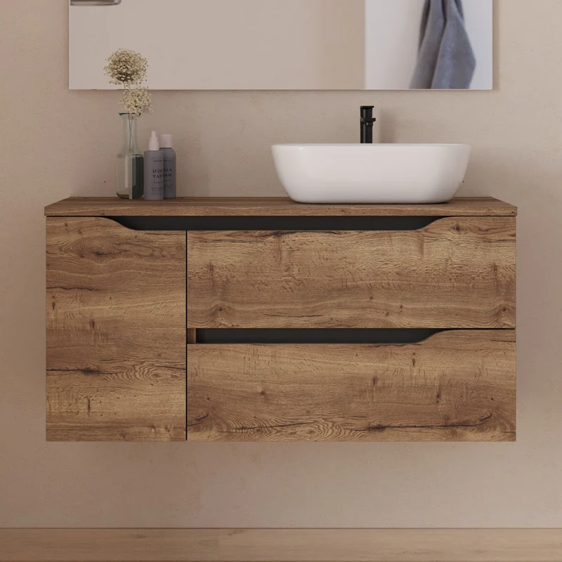 Meuble de salle de bain 100cm avec plateau, vasque à poser déportée à droite Zeus et miroir - 2 tiroirs et un placard - ZARZA