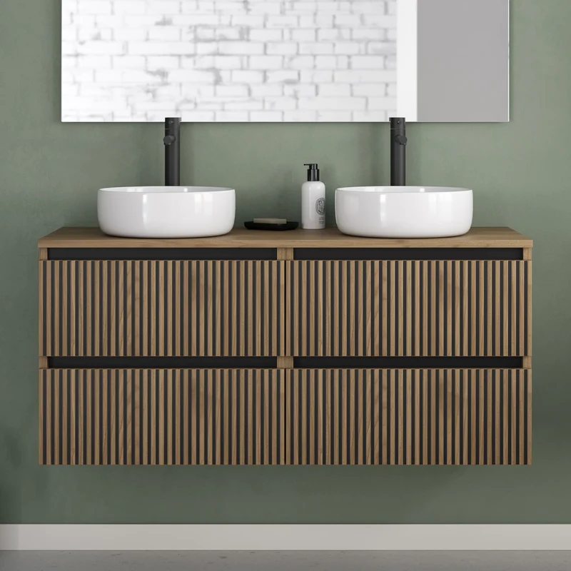 Meuble de salle de bain 140cm avec plateau et 2 vasques à poser rondes - 4 tiroirs - VENERIA