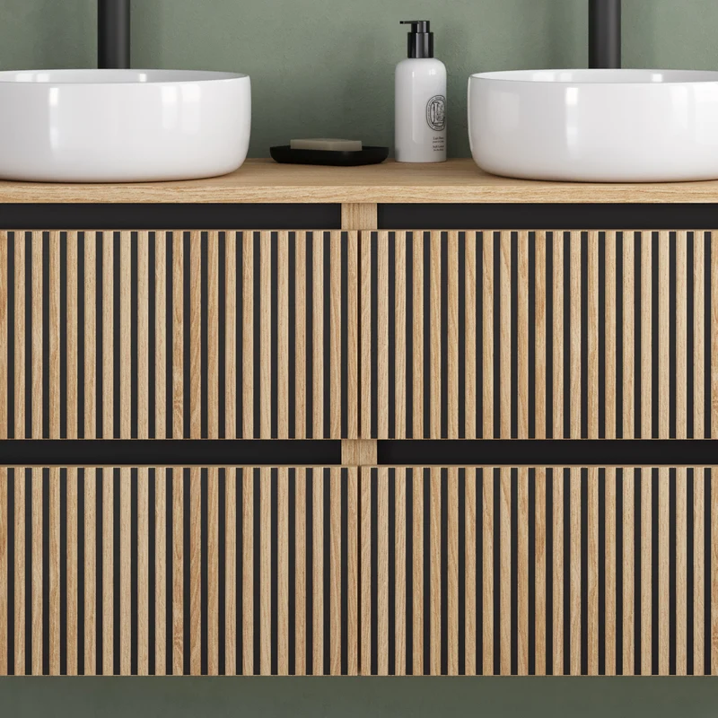 Meuble de salle de bain 140cm avec plateau et 2 vasques à poser rondes - 4 tiroirs - VENERIA