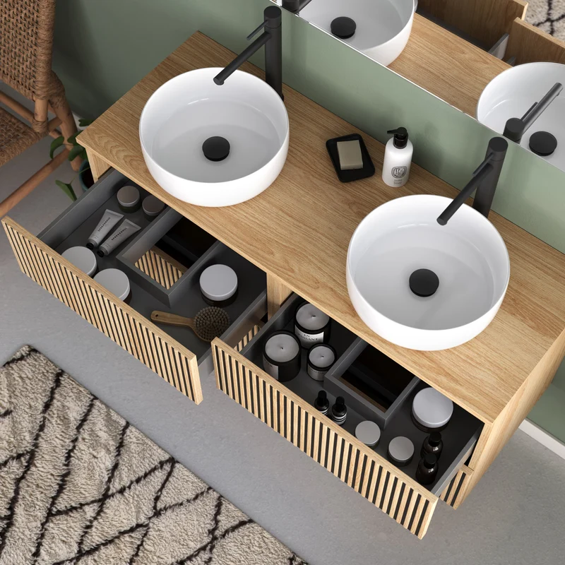 Meuble de salle de bain 140cm avec plateau et 2 vasques à poser rondes - 4 tiroirs - VENERIA