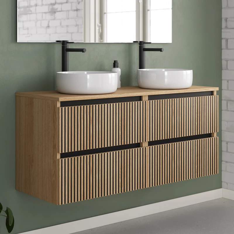 Meuble de salle de bain 140cm avec plateau et 2 vasques à poser rondes - 4 tiroirs - VENERIA