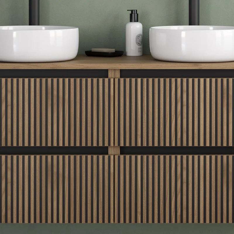 Meuble de salle de bain 140cm avec plateau et 2 vasques à poser rondes - 4 tiroirs - VENERIA