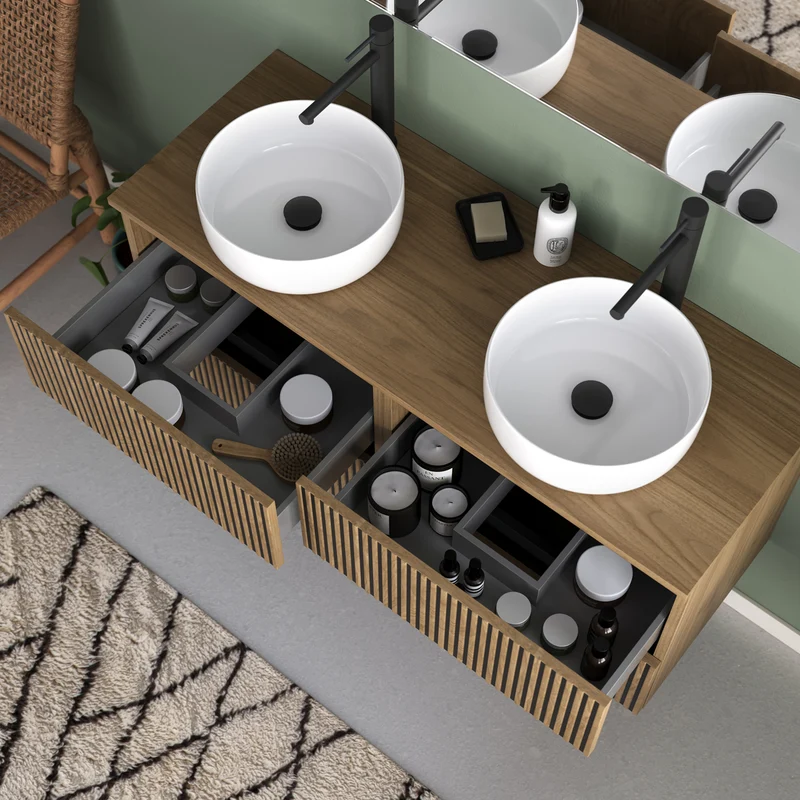 Meuble de salle de bain 140cm avec plateau et 2 vasques à poser rondes - 4 tiroirs - VENERIA