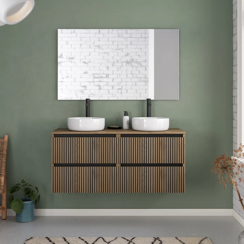 Meuble de salle de bain 140cm avec plateau et 2 vasques à poser rondes - 4 tiroirs - VENERIA