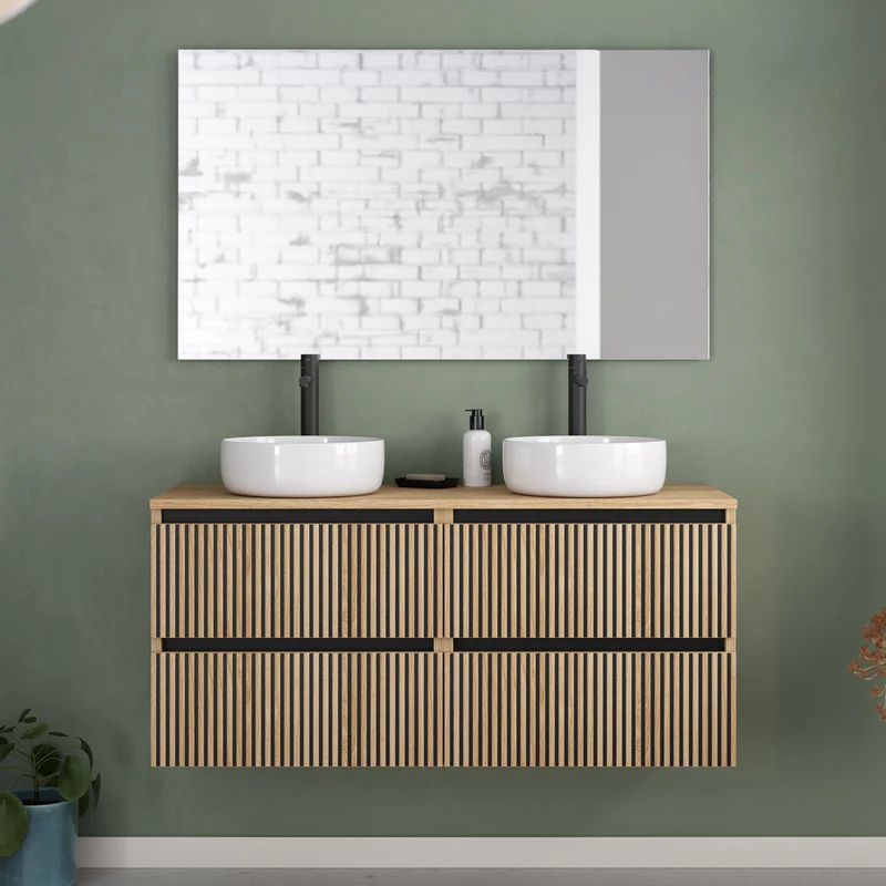 Meuble de salle de bain 140cm avec plateau et 2 vasques à poser rondes - 4 tiroirs - VENERIA