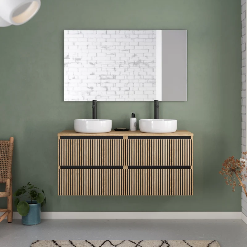 Meuble de salle de bain 140cm avec plateau et 2 vasques à poser rondes - 4 tiroirs - VENERIA