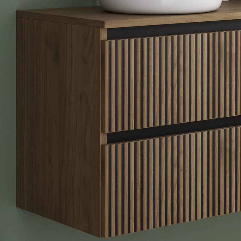 Meuble de salle de bain 140cm avec plateau et 2 vasques à poser rondes - 4 tiroirs - VENERIA