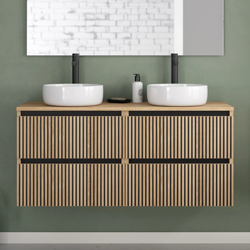 Meuble de salle de bain 140cm avec plateau et 2 vasques à poser rondes - 4 tiroirs - VENERIA