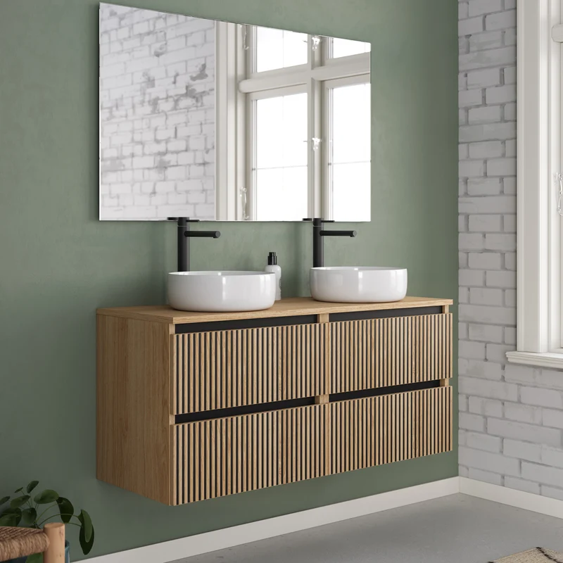 Meuble de salle de bain 140cm avec plateau et 2 vasques à poser rondes - 4 tiroirs - VENERIA