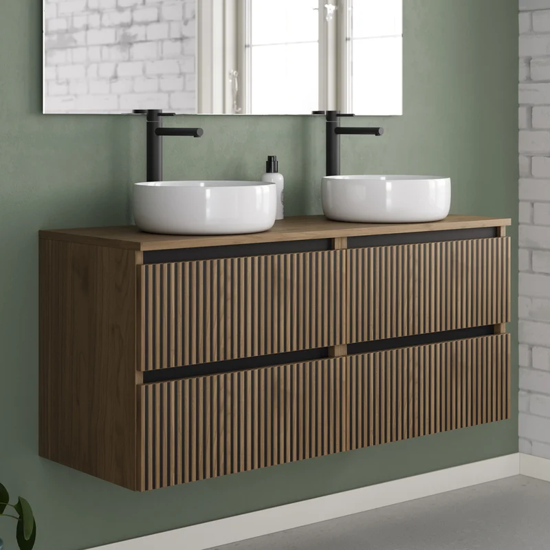 Meuble de salle de bain 140cm avec plateau et 2 vasques à poser rondes - 4 tiroirs - VENERIA