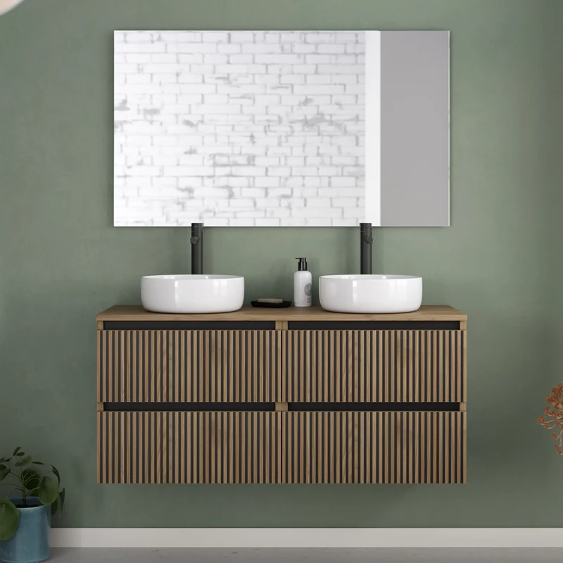 Meuble de salle de bain 140cm avec plateau et 2 vasques à poser rondes - 4 tiroirs - VENERIA