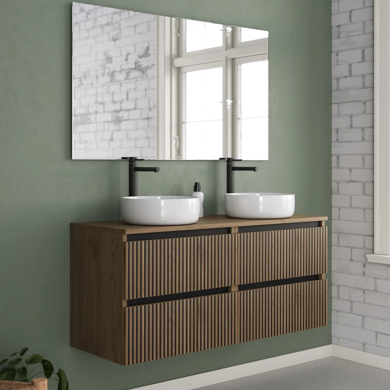 Meuble de salle de bain 140cm avec plateau et 2 vasques à poser rondes - 4 tiroirs - VENERIA