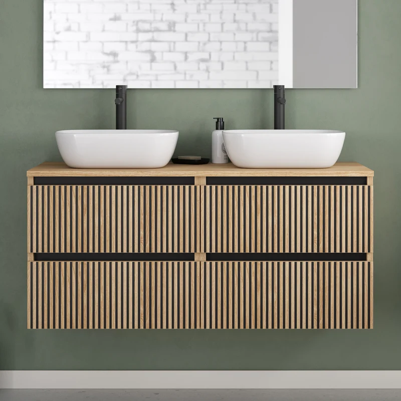 Meuble de salle de bain 120cm avec plateau et 2 vasques à poser arrondies - 4 tiroirs - VENERIA