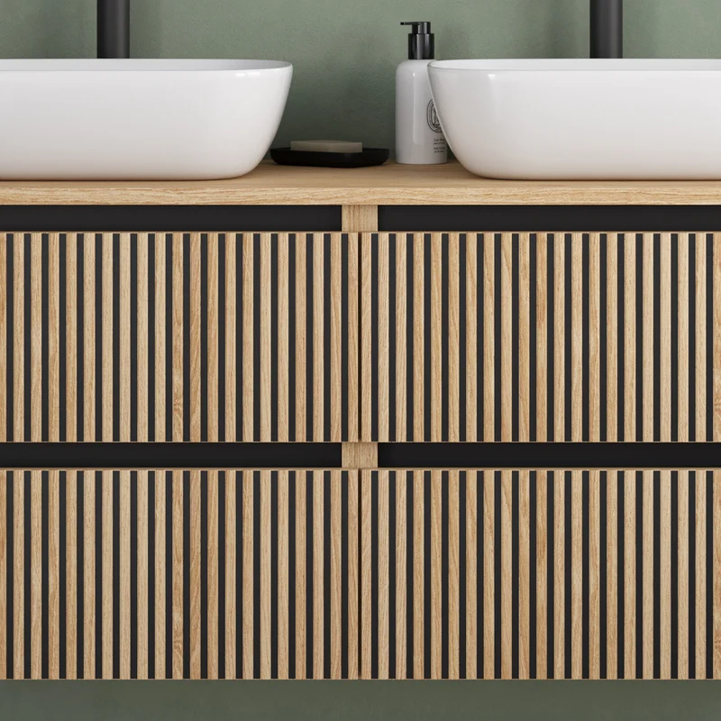 Meuble de salle de bain 120cm avec plateau et 2 vasques à poser arrondies - 4 tiroirs - VENERIA