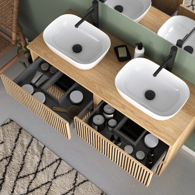 Meuble de salle de bain 120cm avec plateau et 2 vasques à poser arrondies - 4 tiroirs - VENERIA